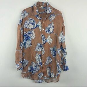 INDIGO SWIMWEAR 100% Linen Beach Coverup Collard Shirt Blue Floral Tan Large